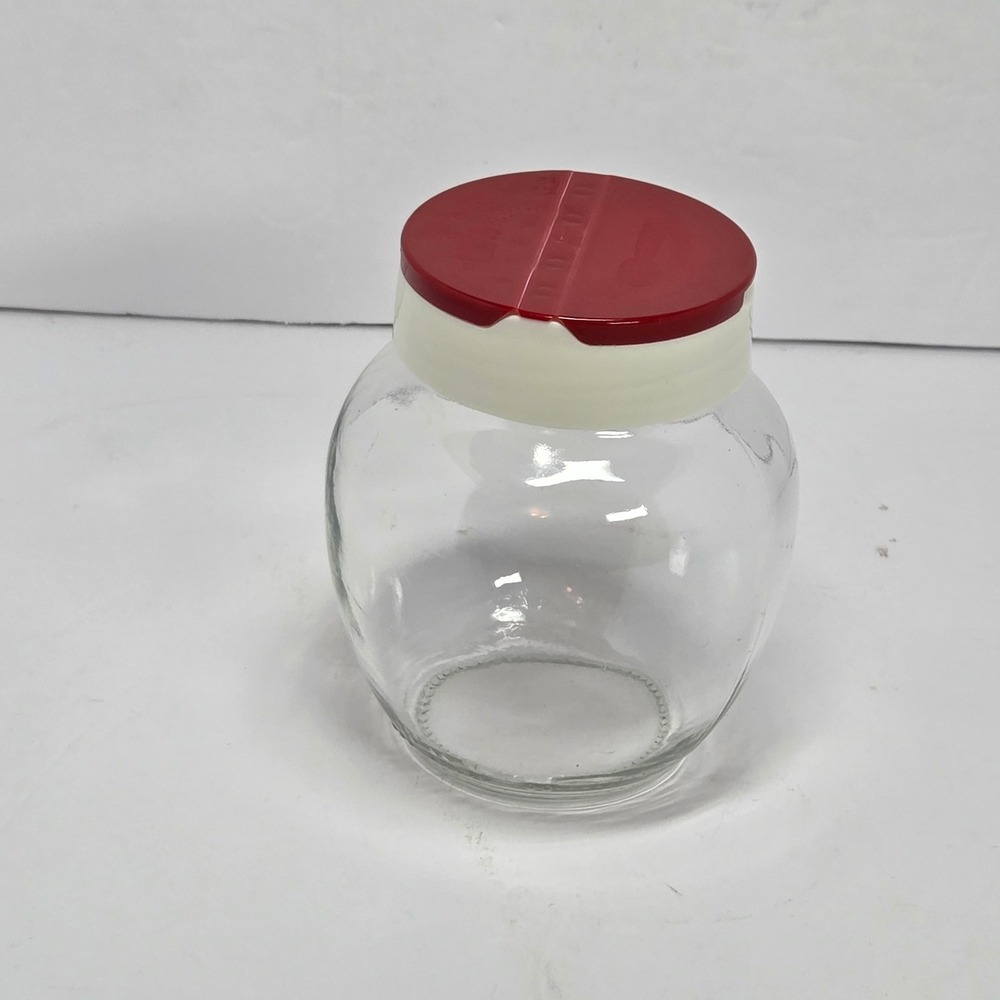 Vintage Glass Spice Jar Red White Dual Flip Top Shaker Pour Lid Clear Canister